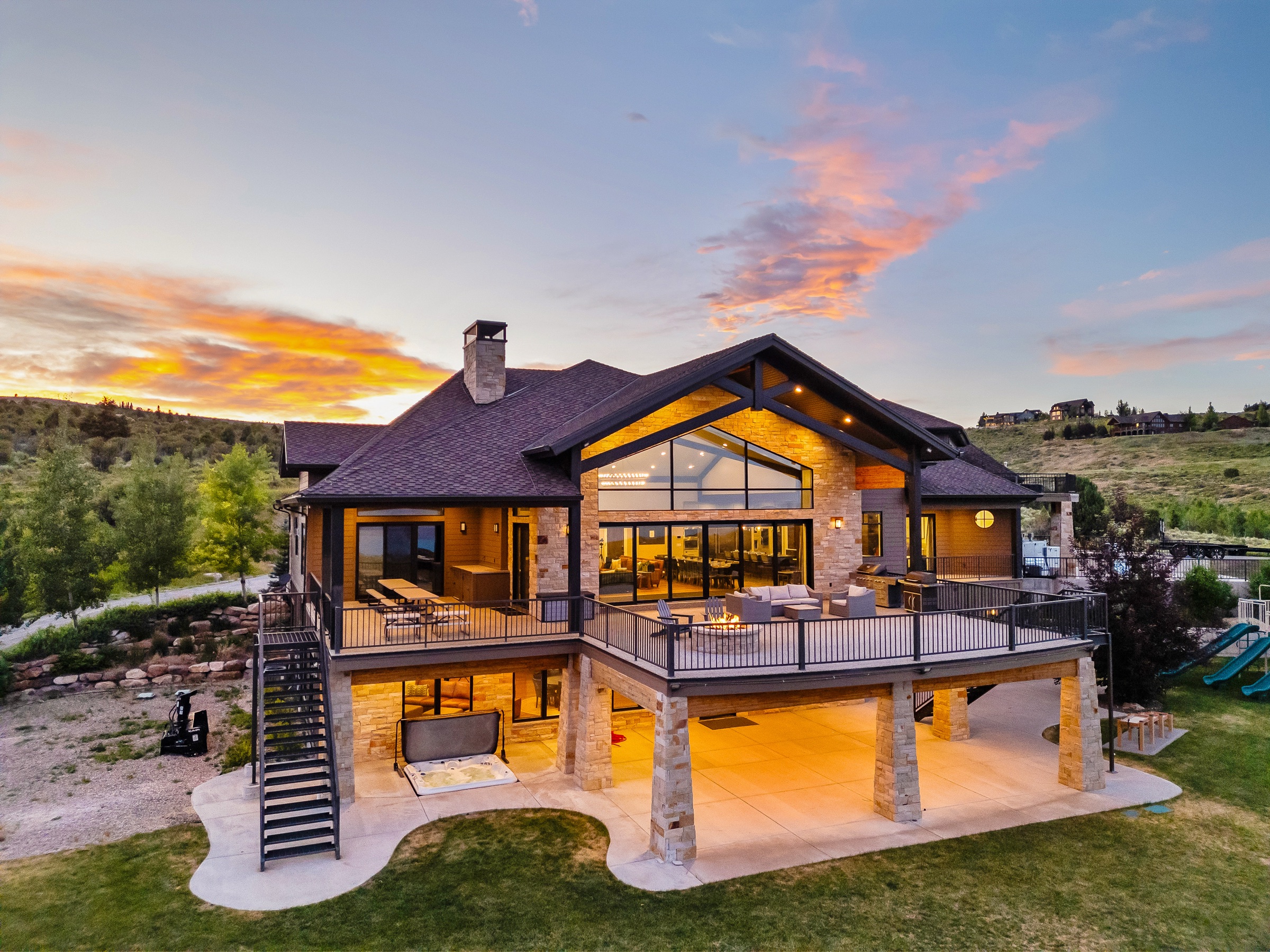 Custom home exterior at twilight